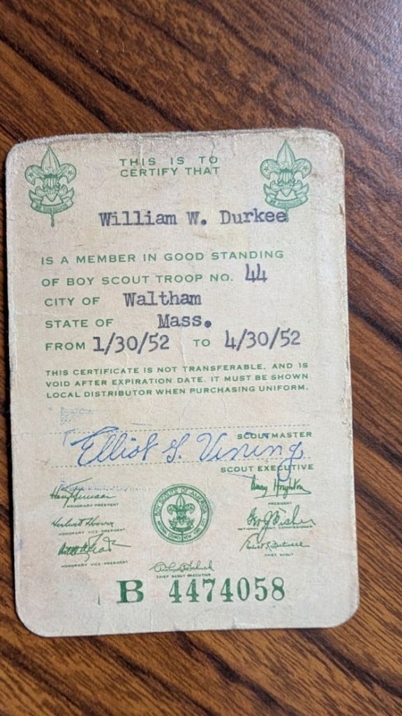 Boy Scout membership card from 1952. Photo courtesy of Sean Durkee.