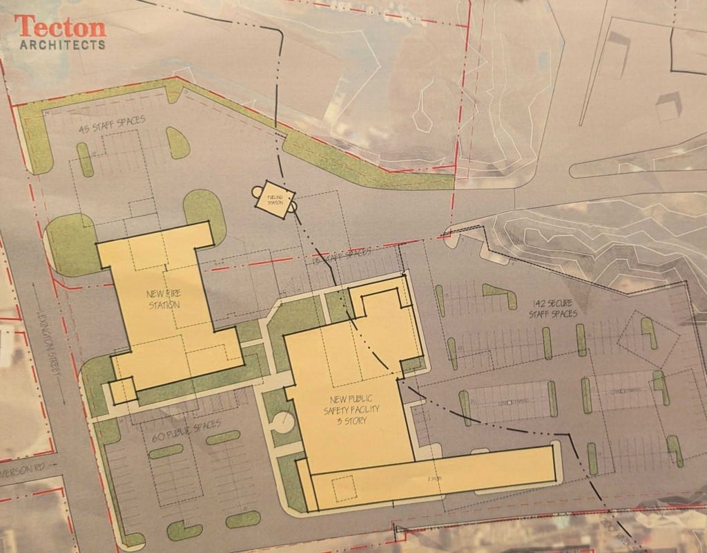 A map of of a poltential layout for 155 Lexington Street. At the top of the map, at the far north of the lot, there's a parking lot with 45 staff spaces. Further south, there's a rectangular shape labelled New Fire Station, with a small square vehicle fueling station further east, oriented diagonally on the map. Directly south of the fire station is a parking lot with 60 public spaces; east of that is a new L-shaped three-story public safety facility; and behind that is a parking lot with 142 secure staff spaces.