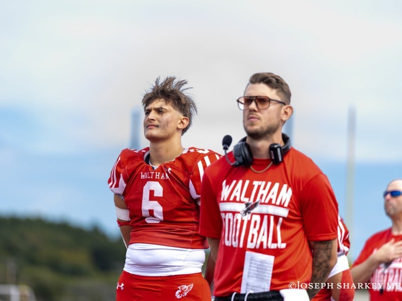 Talon Grey and head coach Sean Brackett pre-game. Photo by Joseph Sharkey,